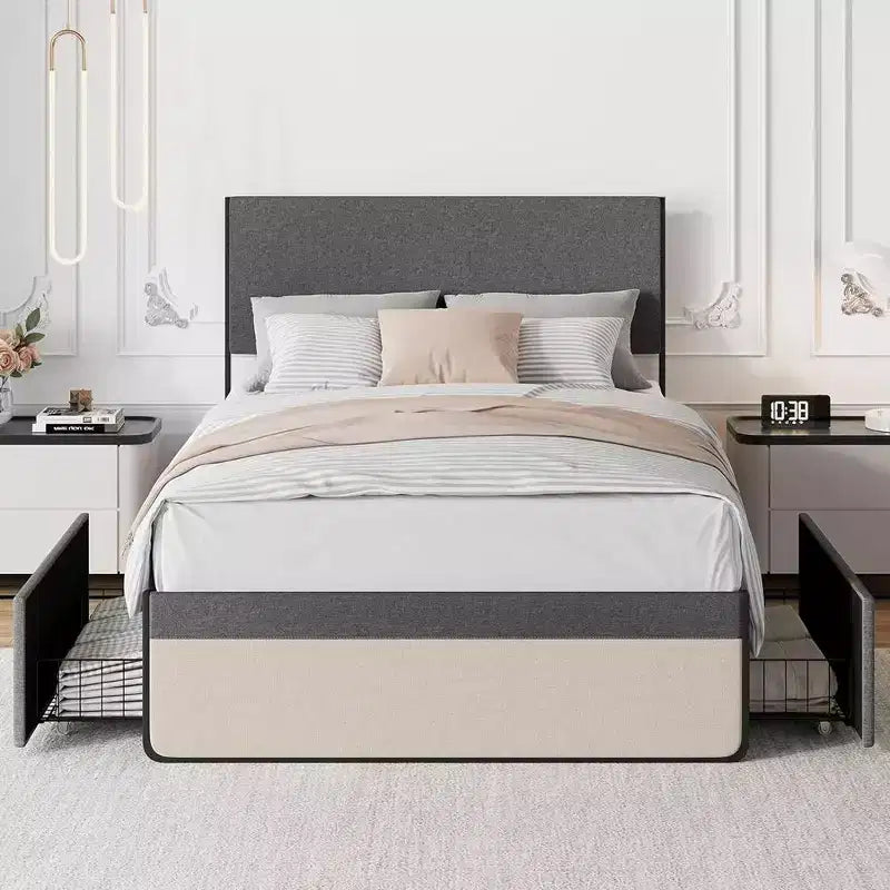WhizMax Full Size Bed Frame with 2 Storage Drawers Upholstered Platform Bed with Headboard and Footboard Mattress Foundation Steel Slats Support
