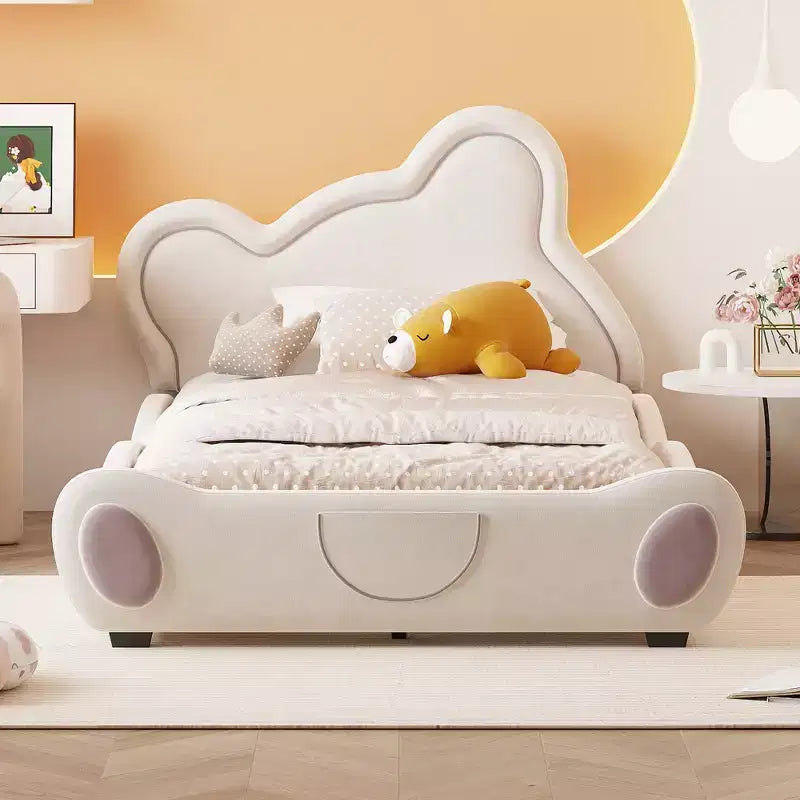 Lit plateforme en velours capitonné avec tête de lit en forme d'ours