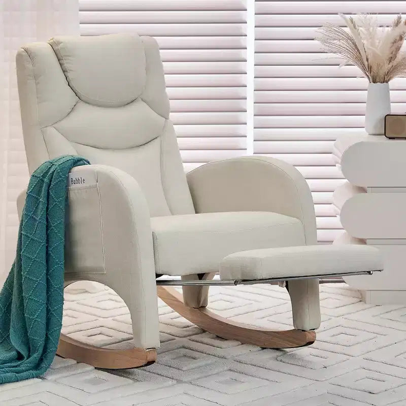 Cotton Linen/Teddy Fabric Nursery Rocking Chair Upholstered Accent Chair With Adjustable Footrest 4W -ModernLuxe