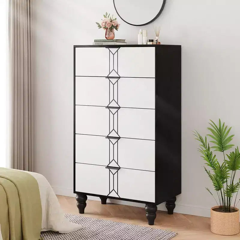 Whizmax Modern Wooden 5 Drawer Dresser with Vintage Pattern Design Tall Dresser with Deep Drawers for Bedroom and Living Room Black and White