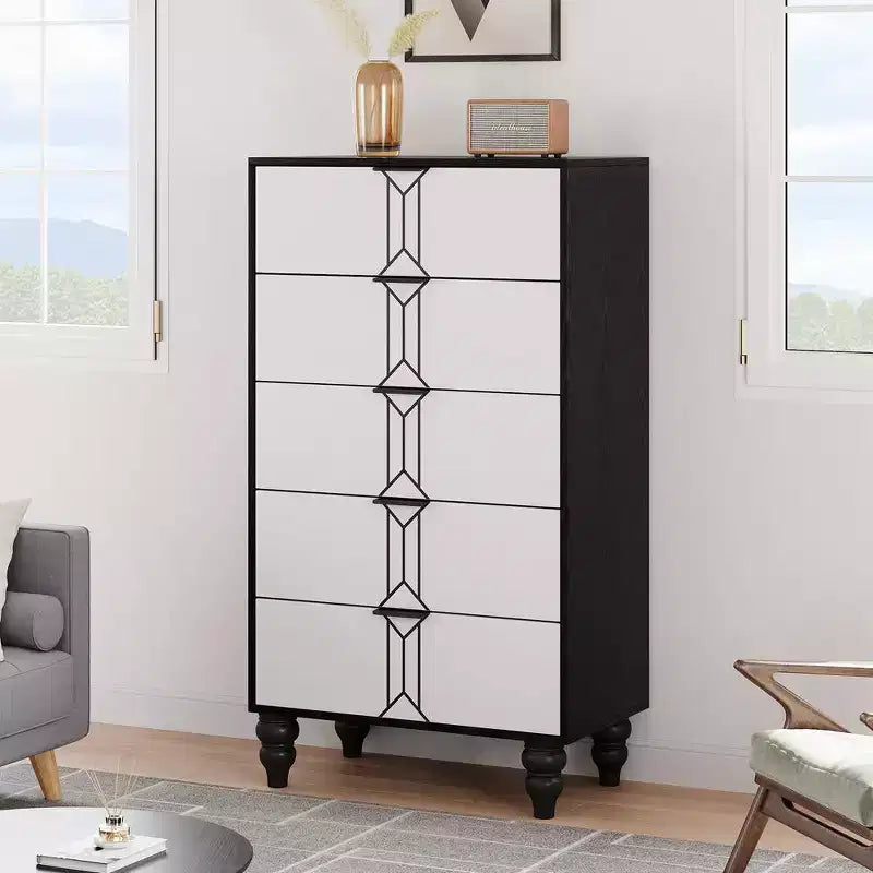 Commode moderne en bois à 5 tiroirs avec motif vintage