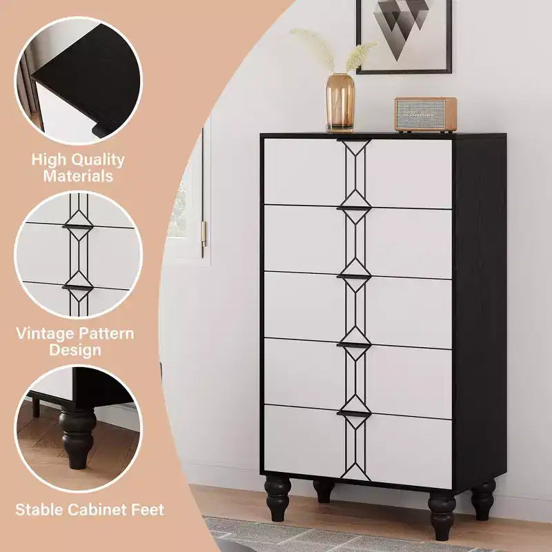 Commode moderne en bois à 5 tiroirs avec motif vintage