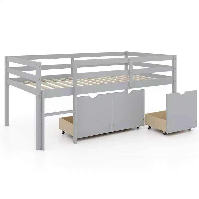 Lit mezzanine bas avec échelle 3 tiroirs et garde-corps pleine longueur Rangement