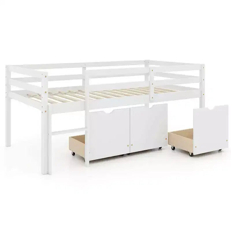 Lit mezzanine bas avec échelle 3 tiroirs et garde-corps pleine longueur Rangement